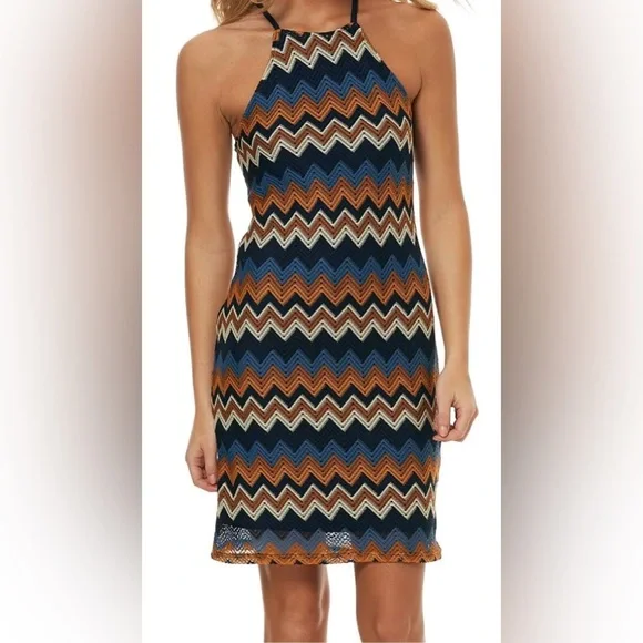 Almost Famous Lace Zig Zag Missoni Pattern Lined Dress Size Medium - Picture 2 of 7